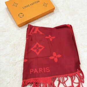 Louis Vuitton Red Oversized Monogram Fringe Scarf